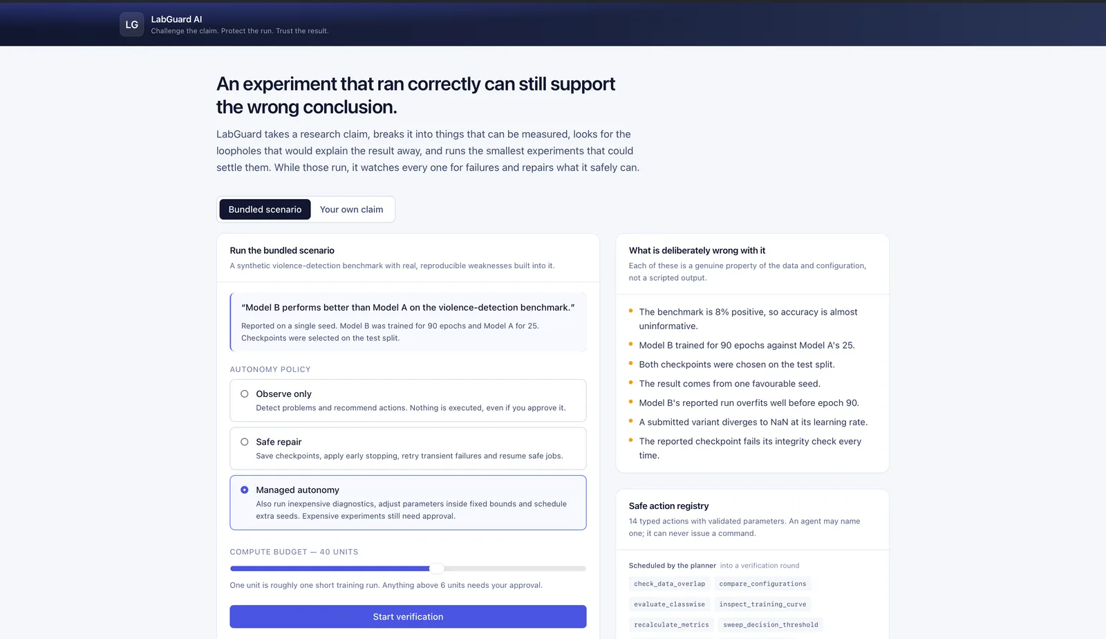 LabGuard AI launcher showing the bundled scenario, the three autonomy policy levels and the compute budget slider.