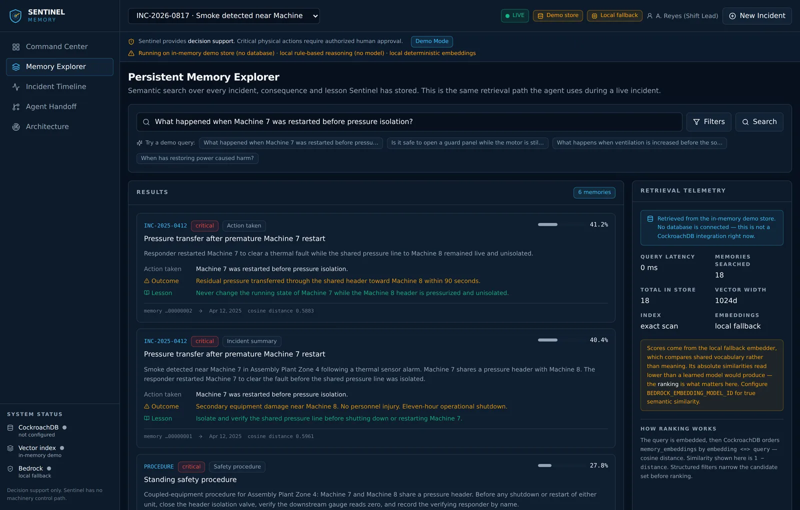 Memory explorer listing retrieved memories with cosine distance scores, source incident codes and retrieval latency.