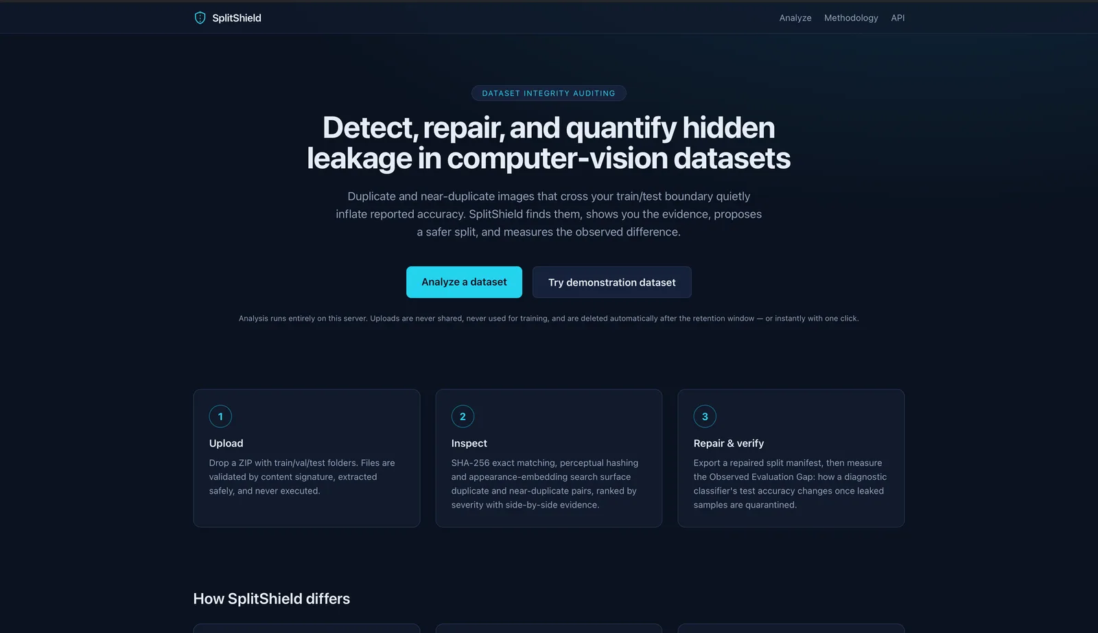 SplitShield landing page showing the dataset integrity auditing headline and the upload, inspect, repair and verify steps.